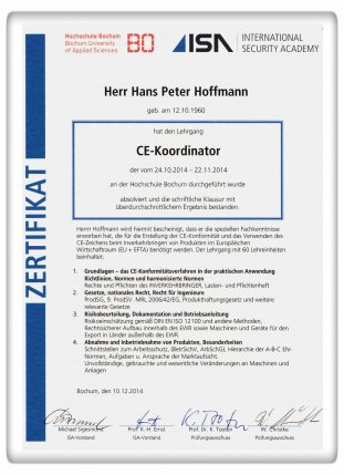 CE-Koordinator Dipl.-Ing. Hans Peter Hoffmann - CE-Kennzeichnung Köln - Zertifikat CE-Kordinator